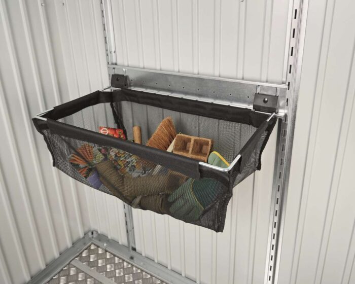 a black suspension bag attached to a metal wall rail on a metal wall of a Biohort garden shed.