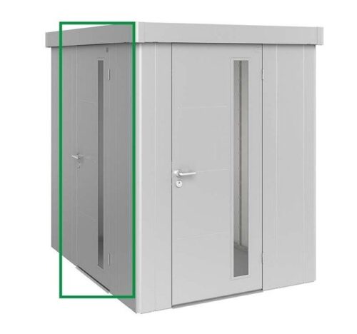 Biohort Neo Additional Door Softub Switzerland. Additional door attached to the left side of the silver tool shed