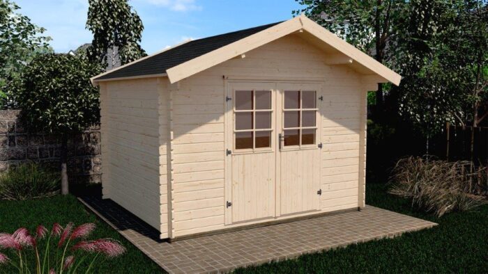 Shown is a natural Weka garden house with double door and dark, peaked roof