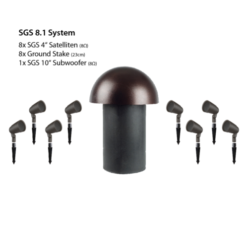 Dark brown and black outdoor audio system with one woofer and six satellites. Garden Speaker SGS 8.1