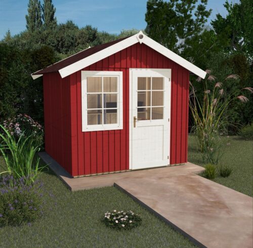 A swedish red garden house with a white door, windows and dark saddle roof. The Weka Swedish Garden House.