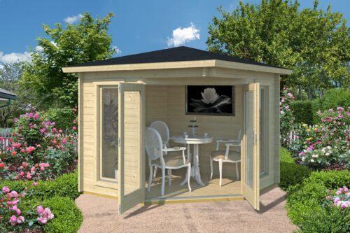 natural gardenhouse with corners and a black saddle roof. White chairs with a white table stand inside the garden house. The double door made out of glass is open.