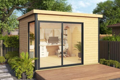 A bright garden shed with a big glass window with a black frame. The design house has a flat roof.