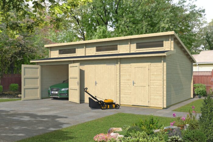 A garage in a natural wooden garage with three double doors. The double doors at the very left stand open with a green car. Infront of the garage stands a lawnmower.