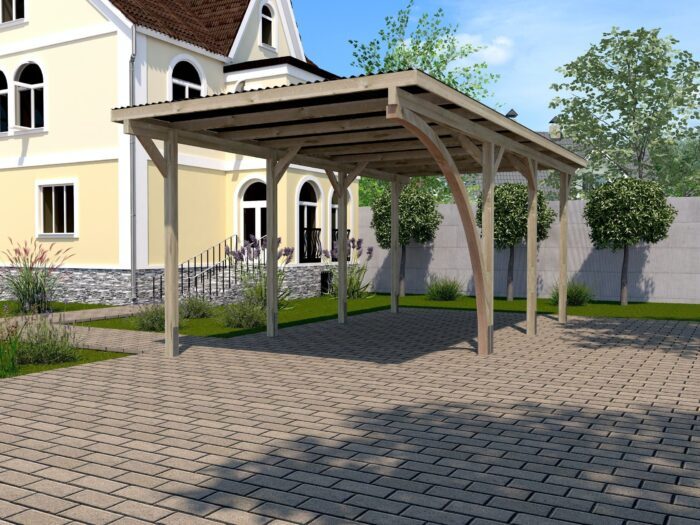 Single Weka Carport 606 A with rounded arch Softub Switzerland. A wooden, natural carport with a flat roof and rounded arch.