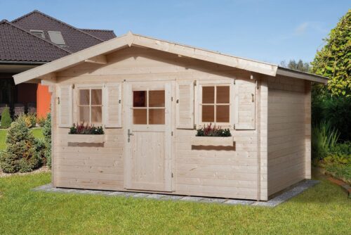 Weka Gartenhaus mit zwei Fenstern auf jeder Seite und Einzeltür und Satteldach