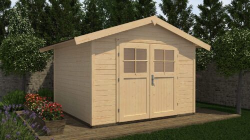 A natural garden house with double doors and a saddle roof. There are red flowers next to the garden house.