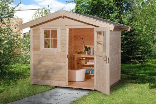 The diverse Weka garden house. Natural garden house with a saddle roof and with a open standing door and a window at the left.