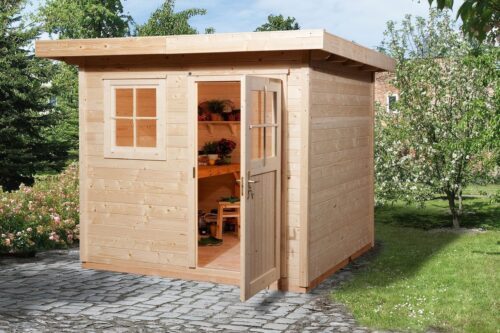 Small garden shed with open single door and small window and flat roof.