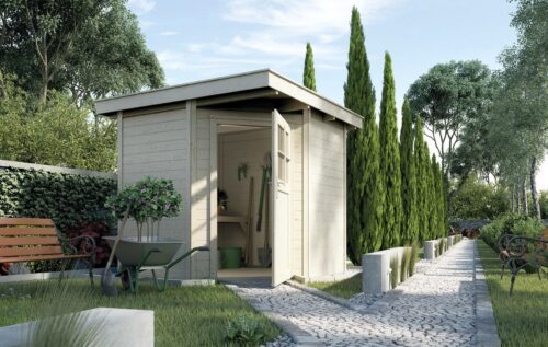 A modern, natural garden house with flat roof, standing in an elegant garden. Next to the garden house stands a little bench and the door is opened.