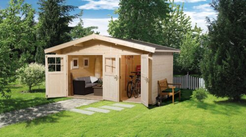 A natural garden house with a pointed roof, side room and large double doors. In the small side room is a bicycle. In the large room there is a grey sofa and a small coffee table. On the far right is a small wooden bench.