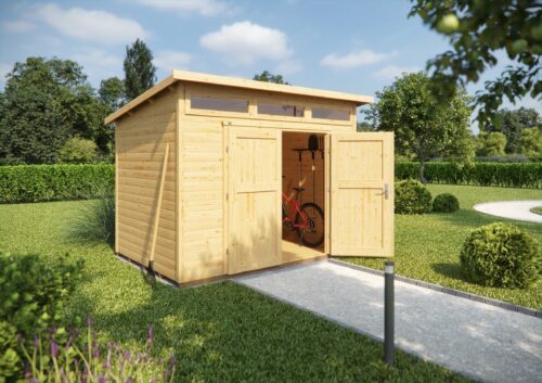 Naturbelassenes Gartenhaus von Weka. Ein steiniger Weg führt zur offen stehendes Tür des Weka Gartenhauses. Gartenhaus hat ein Flachdach. Softub Schweiz.