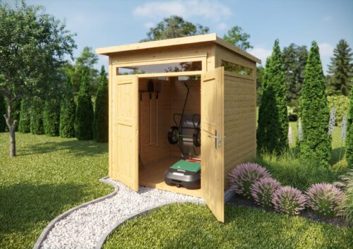 A small garden house with an open standing door. Inside the garden house you can see a lawn mower. The house stands in a garden in front of a stony path leading up to it.