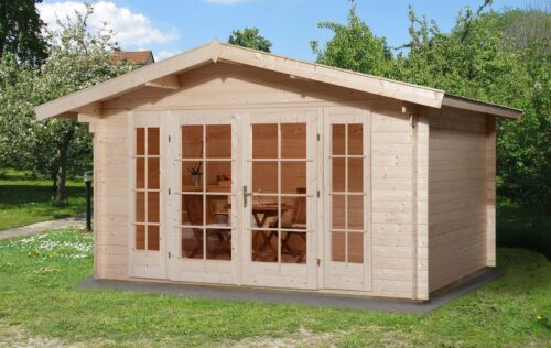 A natural looking garden house with saddle roof and big glass front.